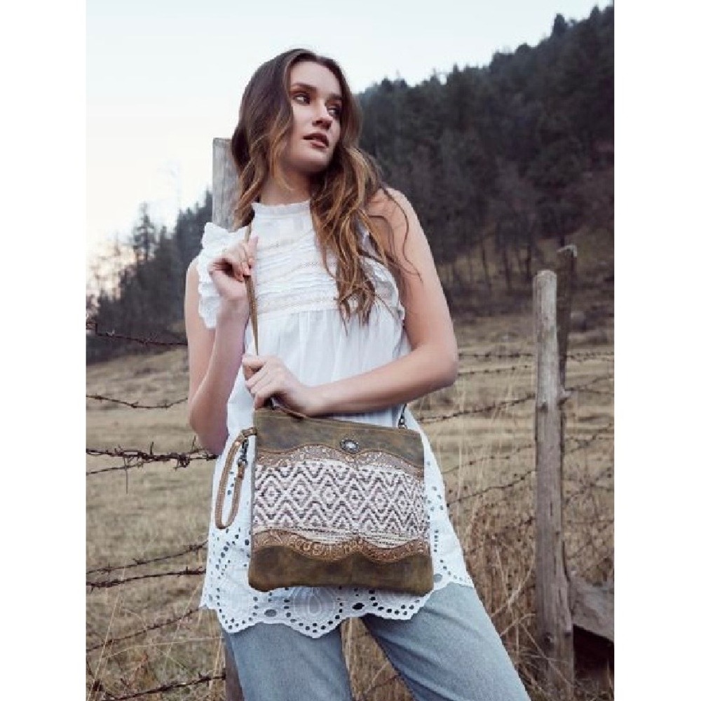 Myra Bag Razia Crossbody Bag Women Brown Leather Canvas Southwestern Rug New